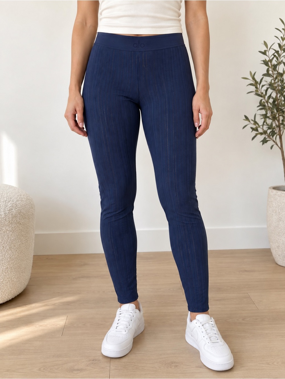 ALO Yoga Navy High Waist Euphoria Pointelle Semi Sheer Leggings Size Large NWT